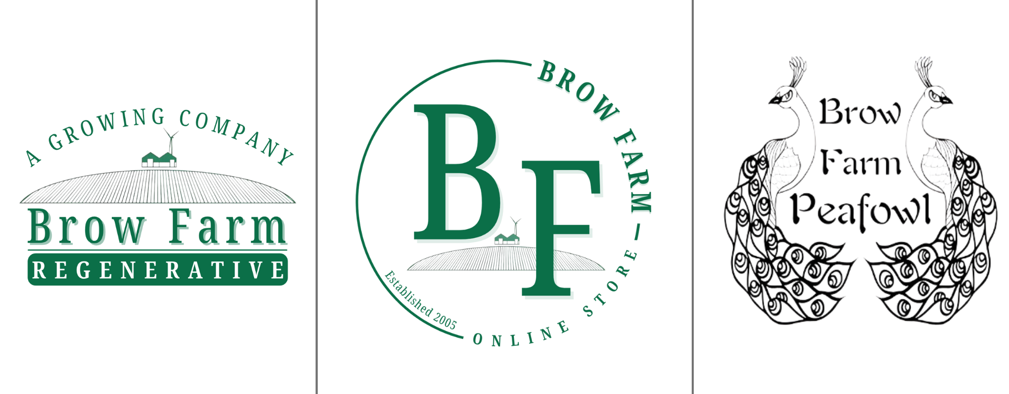 3 logo banner for Brow Farm, Brow Farm Store and Brow Farm Peafowl